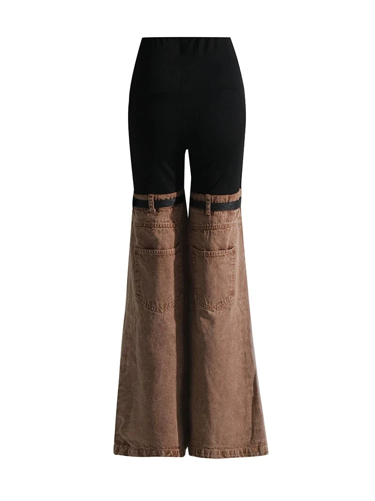 ROMISS Patchwork Belt Denim Pants For Women High Waist Slimming Hit Color Streetwear Wide Leg Jeans Female Fashion Clothes
