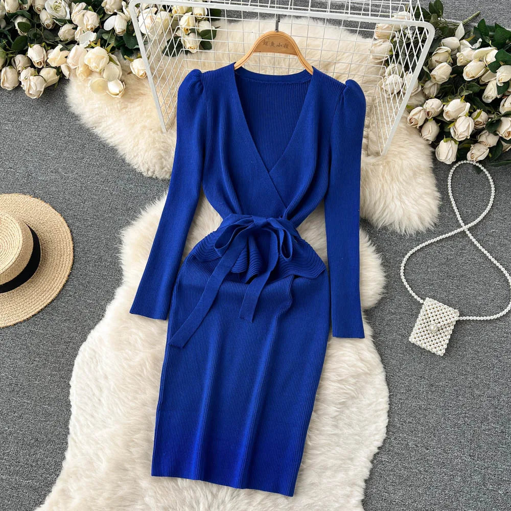 Women Long Sleeve V Neck Sexy Knit Bodycon Dress Chic Vintage Lace Up French Fashion Vestidos Party Elegant Fashion Dresses Y2k