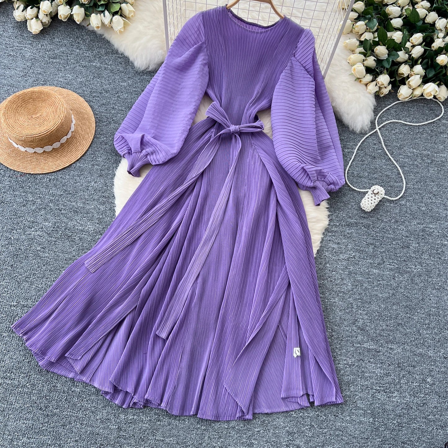 Vintage Elegant Lantern Sleeve Sweet Pleated Dress Women Basics Fashion Summer Spring Dresse