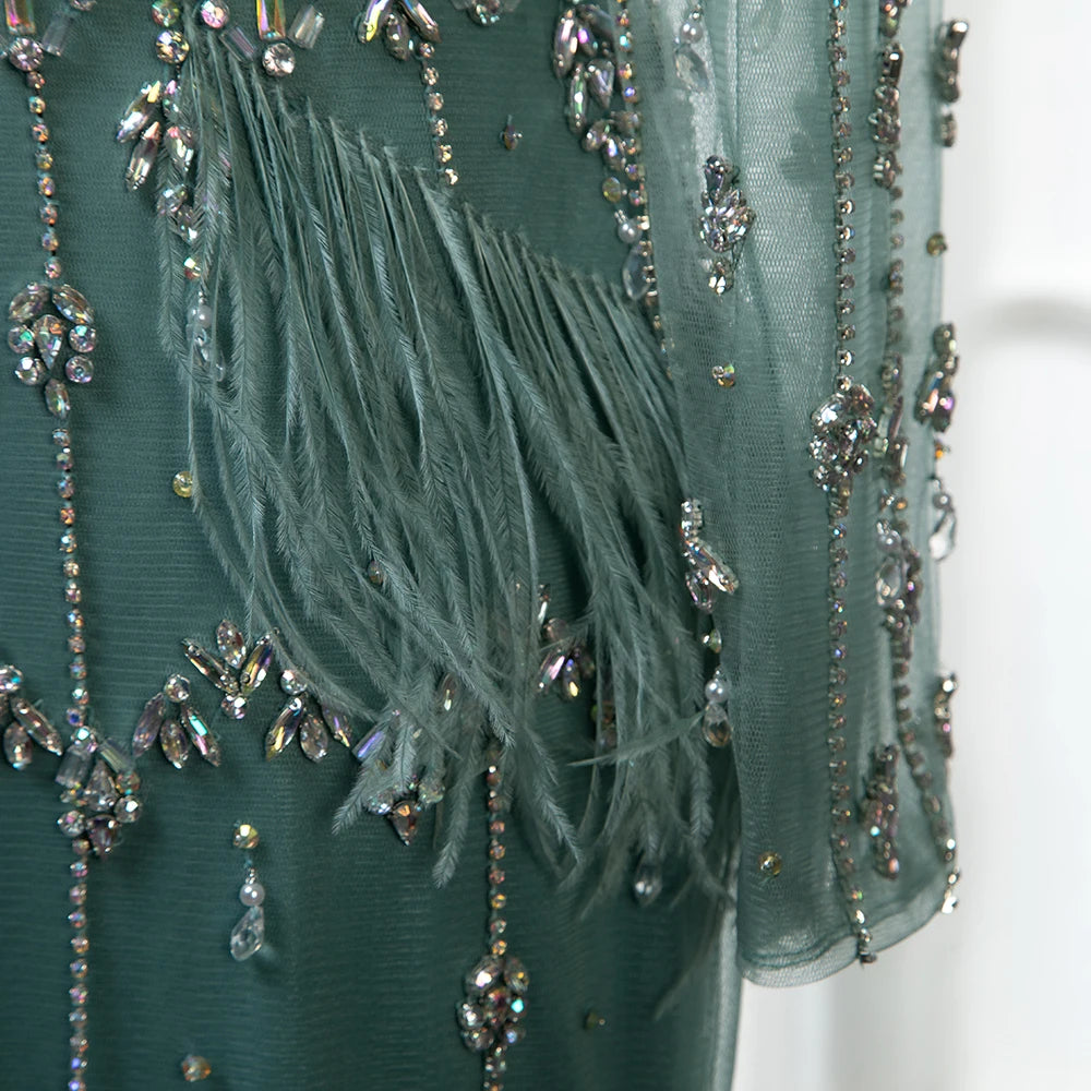 Serene Hill Muslim Turquoise Mermaid Elegant Evening Dresses Gowns 2024 Luxury Beaded Feather For Women Party LA71722
