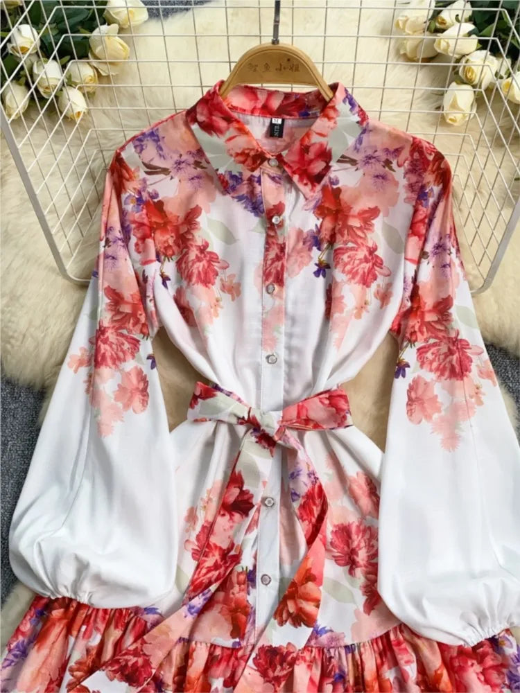 Elegant Casual Women Pleated Print Mini Dress Vintage Lace-up Lantern Sleeve Ruffles Short Dresses Female Party Clothes Robe