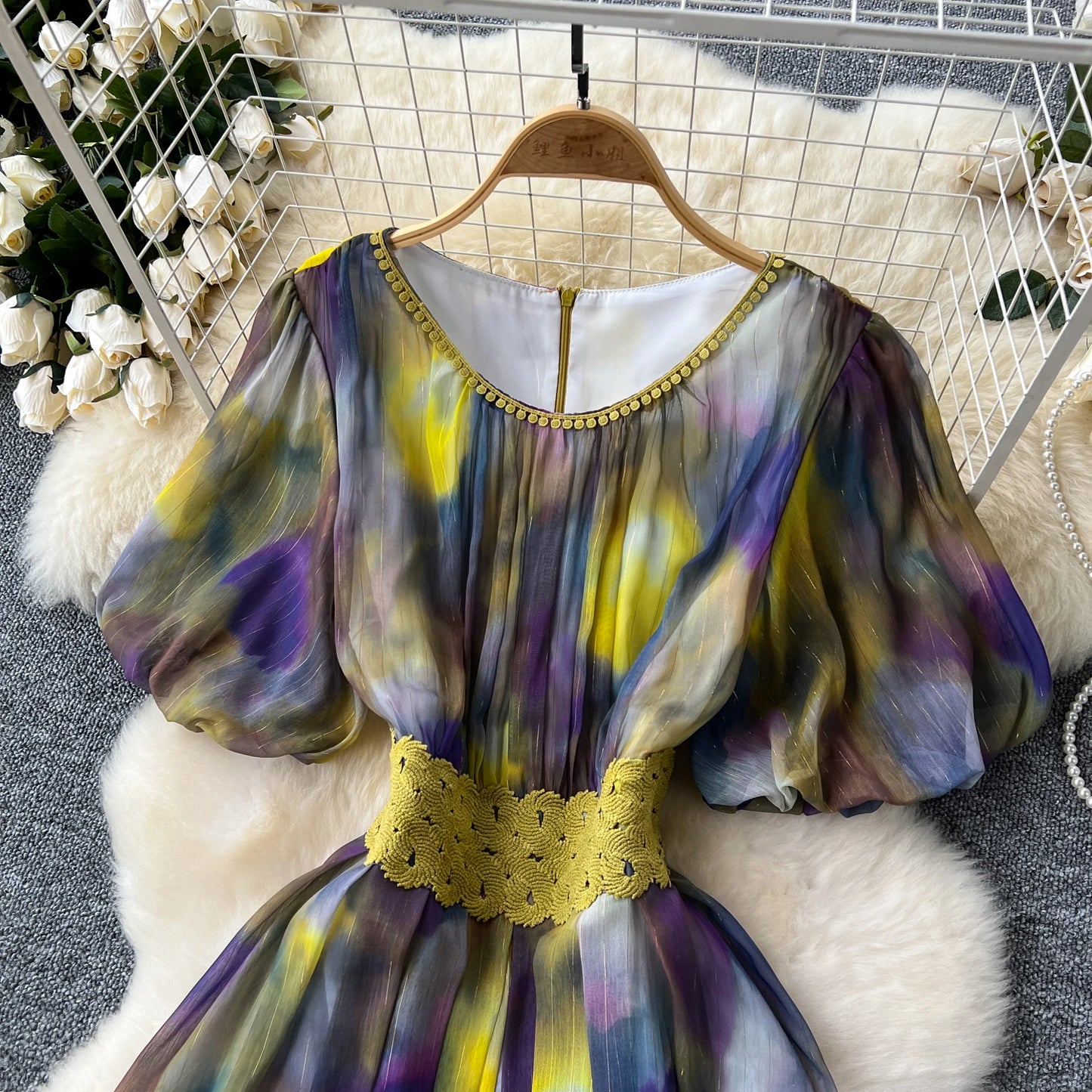 sweet tie dye Lantern Sleeve embroidery o neck chiffon Dress French Party Elegant Summer Sexy Slim Women dresses
