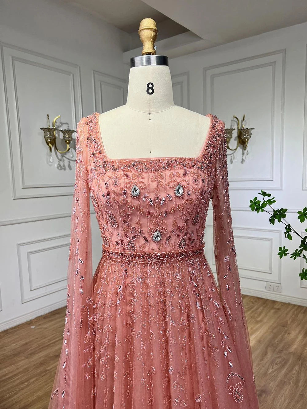 Serene Hill 2024 Muslim Pink A Line Beaded Elegant Cape Sleeve Luxury Evening Dresses Gowns For Women Wedding Party LA71803A