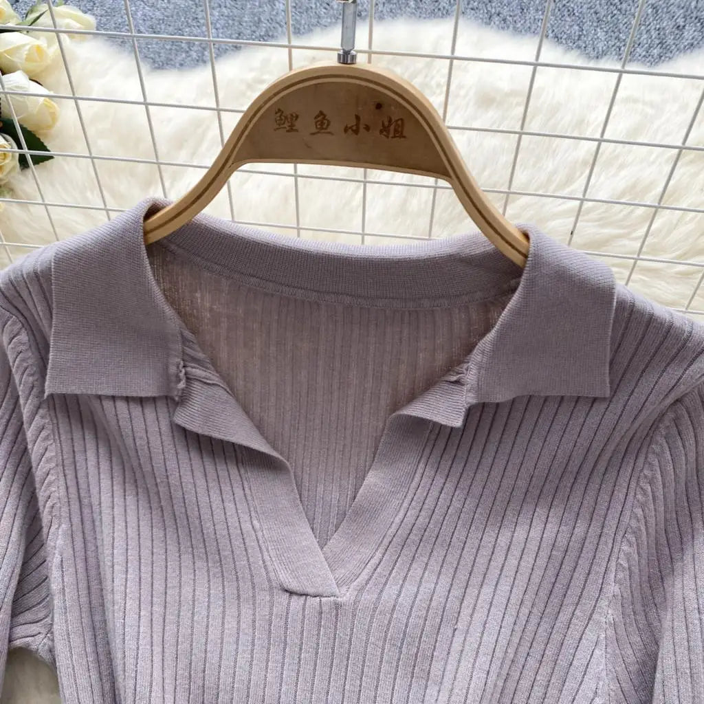 Y2k French Vintage Knitted Dress for Women Autumn Bodycon V-neck Long Sleeved Solid Simplicity Fashion Causal A-line Dresses
