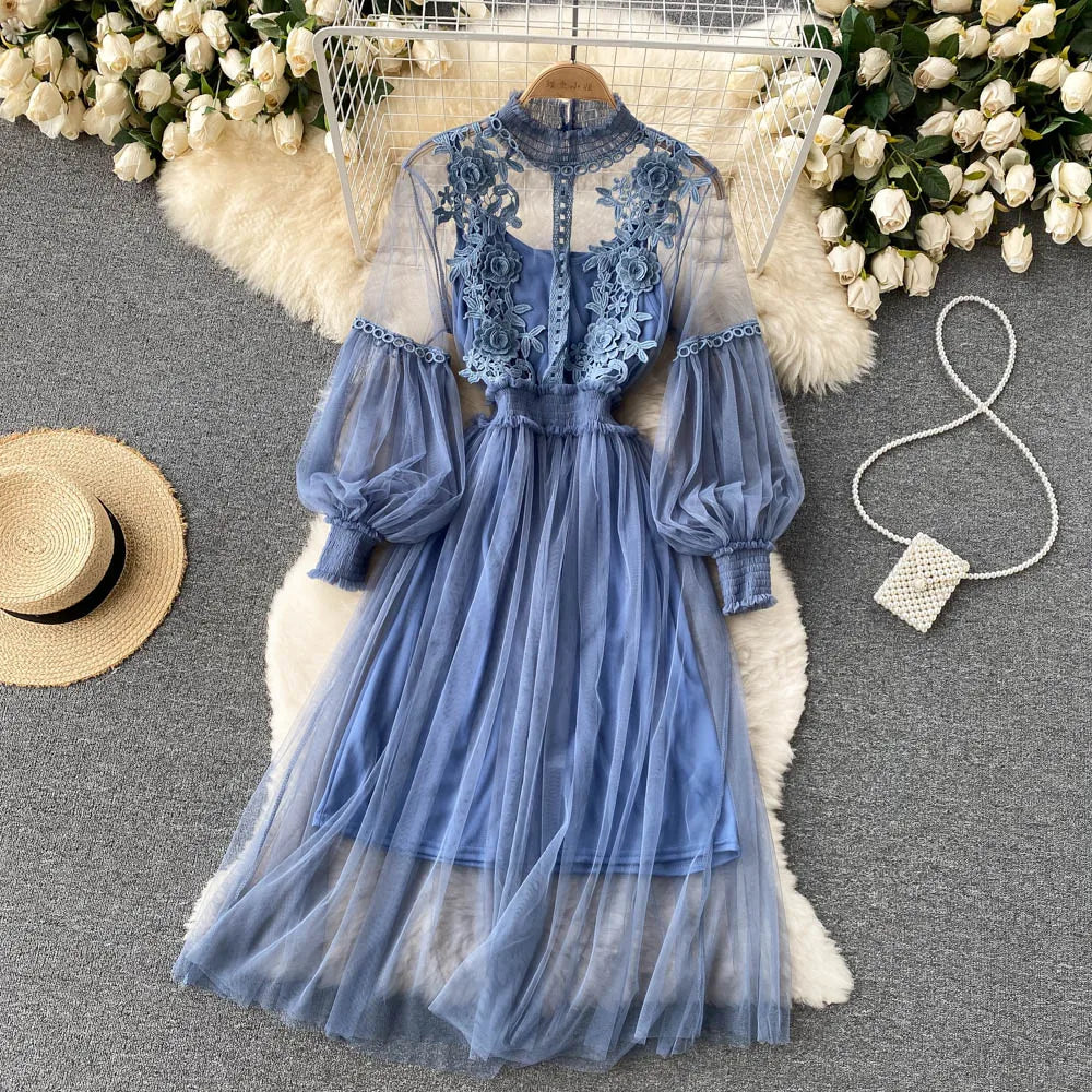 Retro Elegant Mesh Pleated two pieces Dress sets Sexy Fairy puff sleeve Summer Casual Vestidos Slim Women Evening Party Dress