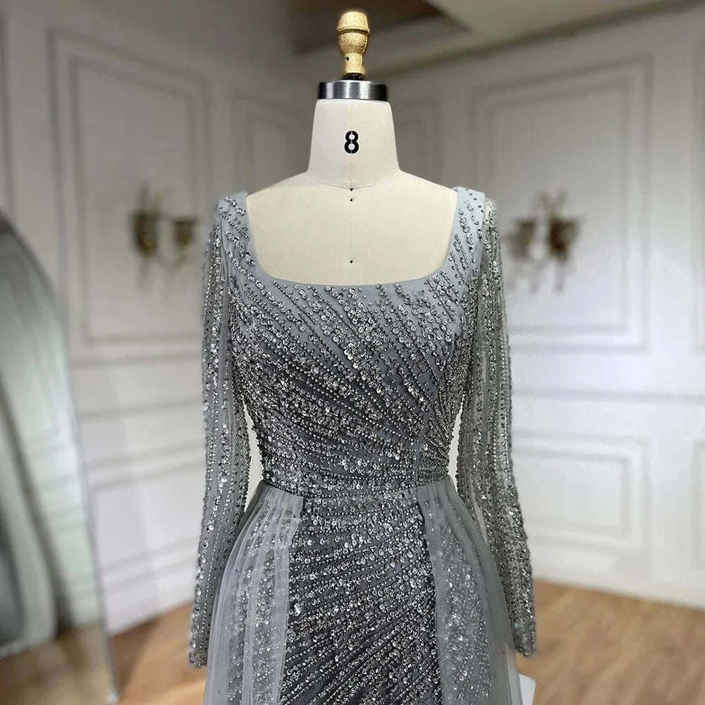 SERENE HILL 2024 Arabic Dubai Silver Gray Beaded Mermaid Evening Dresses Long Sleeves Gown With Skirt For Women Party GLA71618L