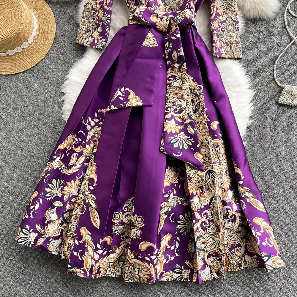 Pinkou Women Elegant Print Maxi Dress Cross V Neck Bow Tie Sashes Three Quarter Sleeve Female Chic Wrap Dresses Vestido QA815