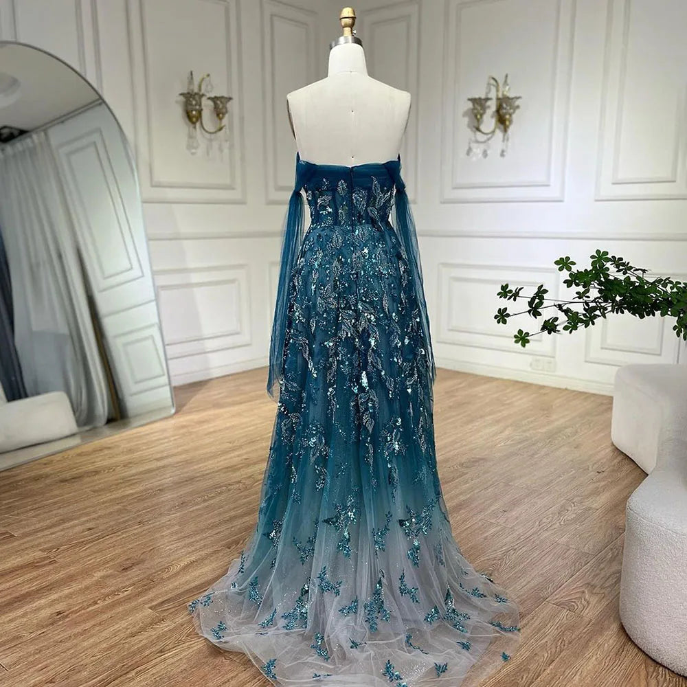 Serene Hill Arabic Green A-Line Elegant Strapless Beaded Long Evening Dresses for Women Party 2024 LA72520