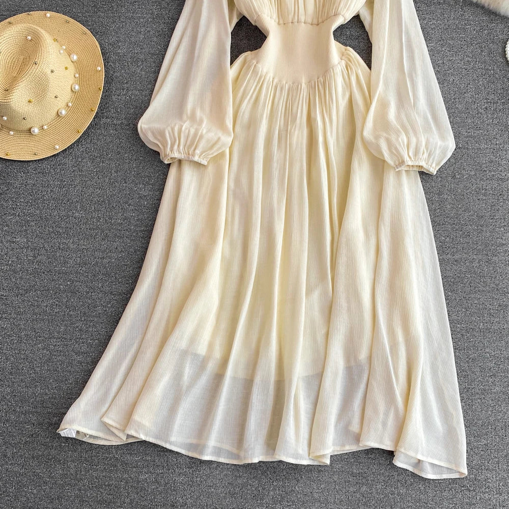 Elegant Sweet Princess Party Dress Women High Waist A-Line Lace Up Autumn French Vintage Prom Robe One Piece Vestidos Mujer New