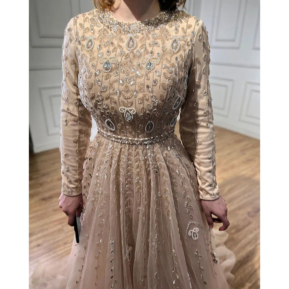 Serene Hill Peach Long Sleeves A-line Muslim Evening Dresses Luxury Beaded Dubai Wedding Party Gowns 2024 For Women GLA71803C