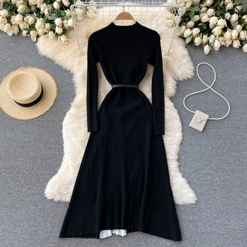 Elegant Chic Pleated Knit Dress French Long Sleeve Party Gothic A-line Vestidos High Waist Basic Slim Women Autumn Winter Dress