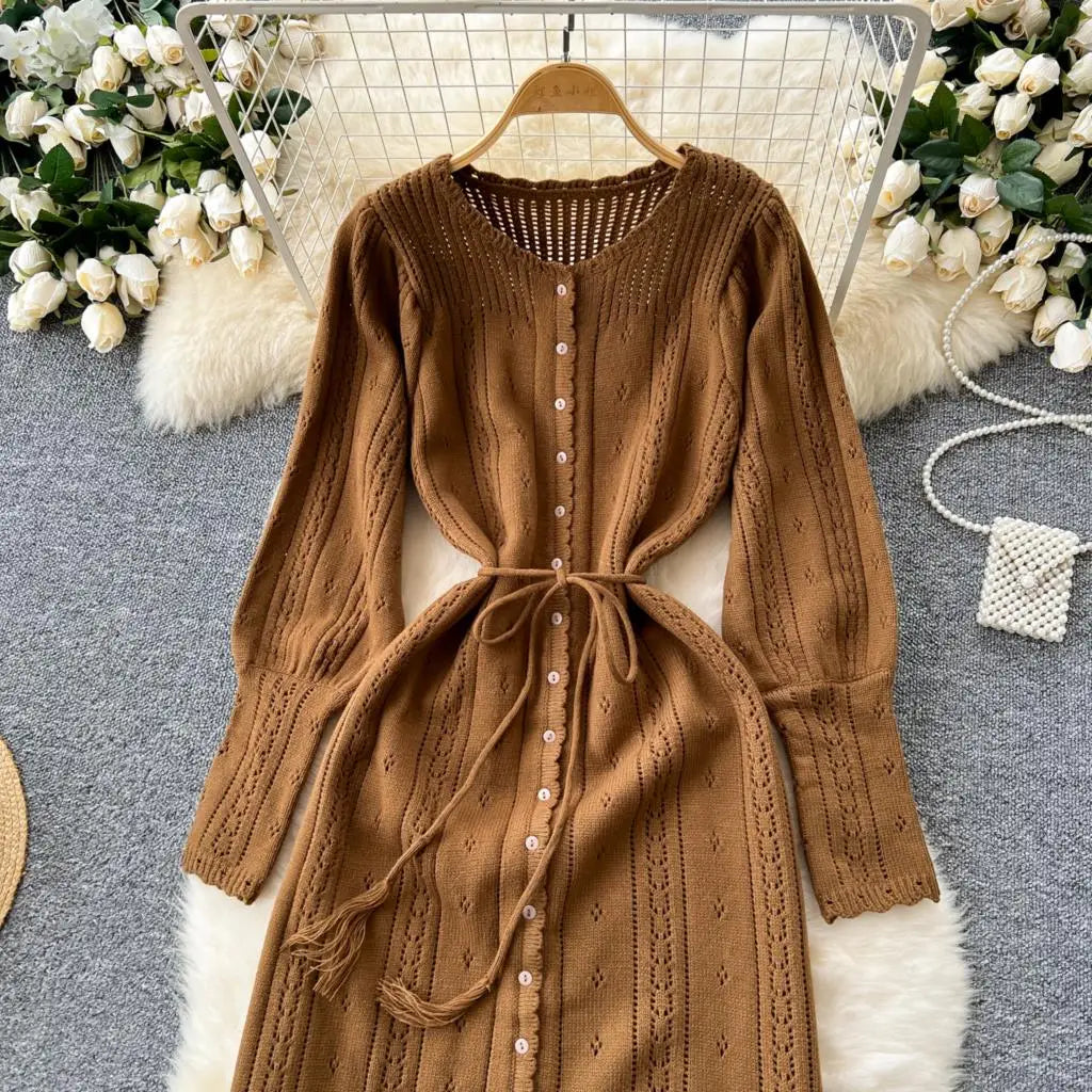 Elegant Autumn Solid Knitted Dresses for Women Sweet Hook Flower Hollow Strap A-line Korean Fashion Casual Vestidos Mujer New