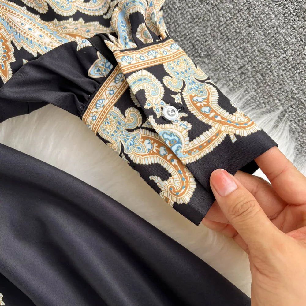 Retro Printed Party Dress Women Polo Collar Long Sleeve Elegant Long Dresses Spring Autumn French Single Breasted Shirt Dress