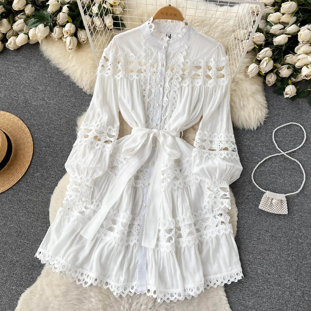 2023 Spring Summer Holiday Dress Women Stand Collar Long Sleeve Button Up Embroidery Trim Luxury Elegant Mini Dress With Belt