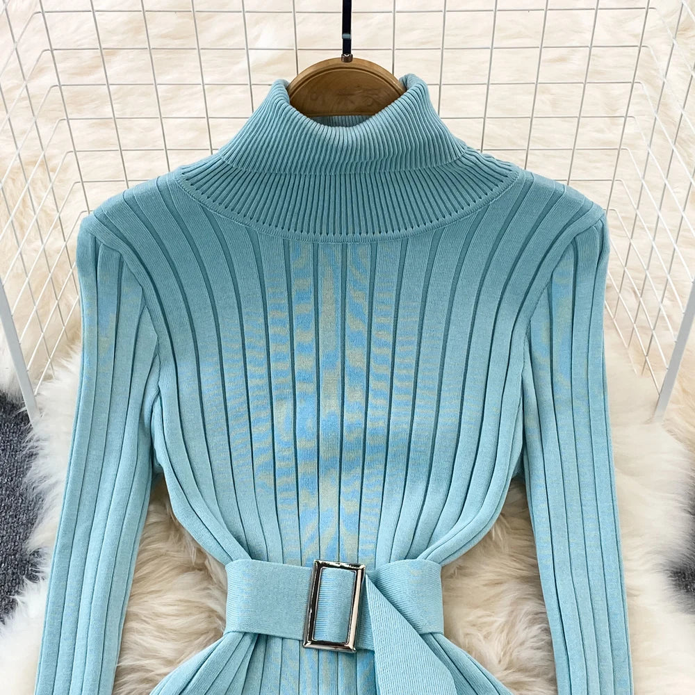 Chic Elegant Turtleneck Long Sleeve Bodycon Dress with Belt Sexy Fashion Knit Vestido Slim Autumn Winter Pencil Sweater Robe