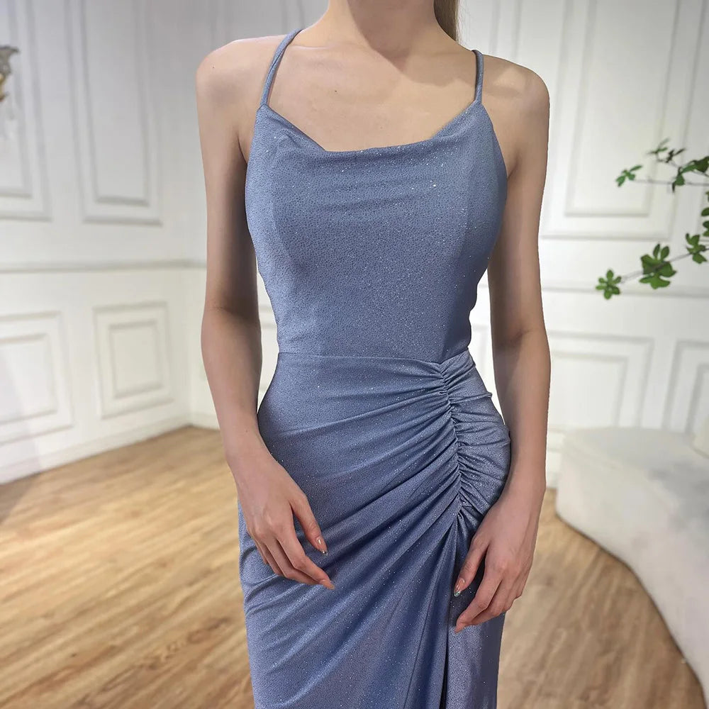 Serene Hill 2024 Saudi Arabic Blue Elegant Spaghetti Strap Mermaid Long Evening Gown with Split for Formal Occasion LA72720