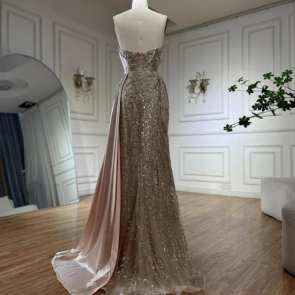 Serene Hill 2024 Arabic Nude Strapless Satin Mermaid Beaded Luxury Dubai Evening Gown with Side Skirt for Women's Party BLA72665