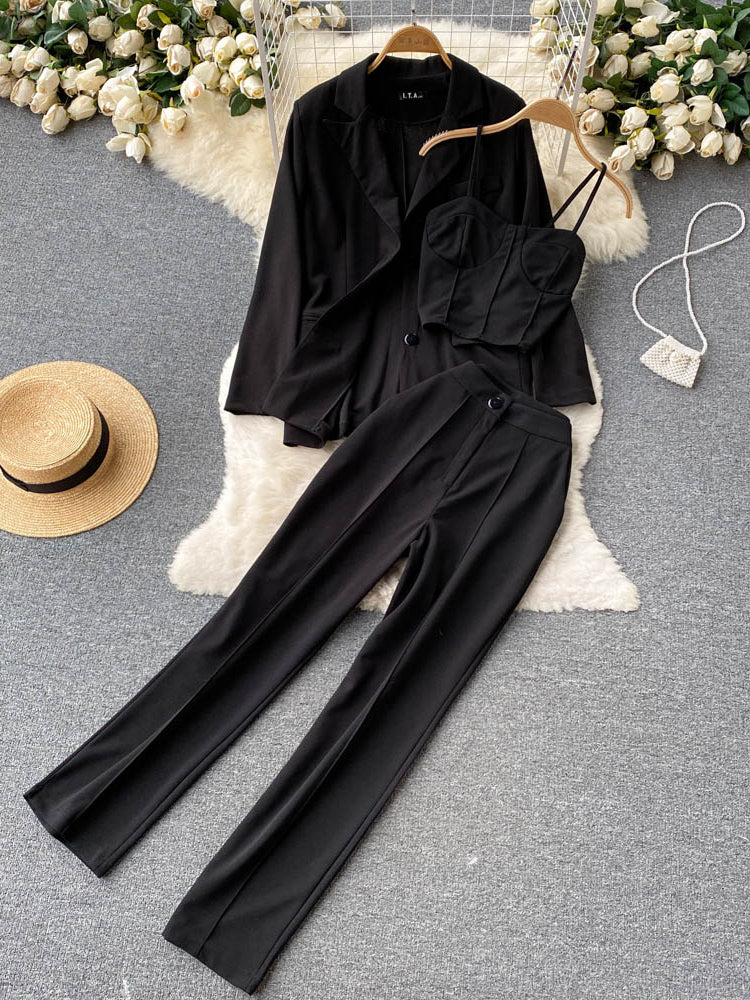 Women Elegant Blazer Three Piece Sets Sexy Tank Tops Loose Jacket and Slim High Waisted Long Pants Suits Woman Outfits