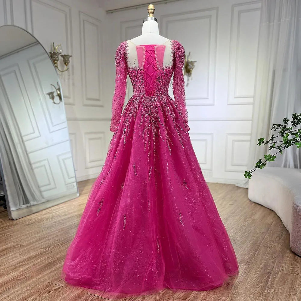 Serene Hill Muslim Pink A Line Beaded Luxury Dubai Long Evening Dresses Gowns 2024 For Woman Wedding Party LA71915