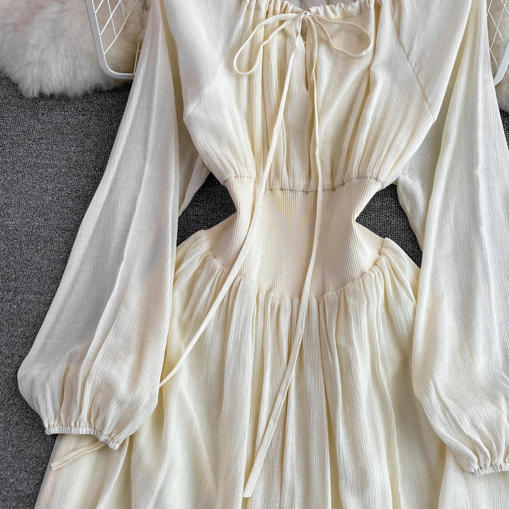 Elegant Sweet Princess Party Dress Women High Waist A-Line Lace Up Autumn French Vintage Prom Robe One Piece Vestidos Mujer New