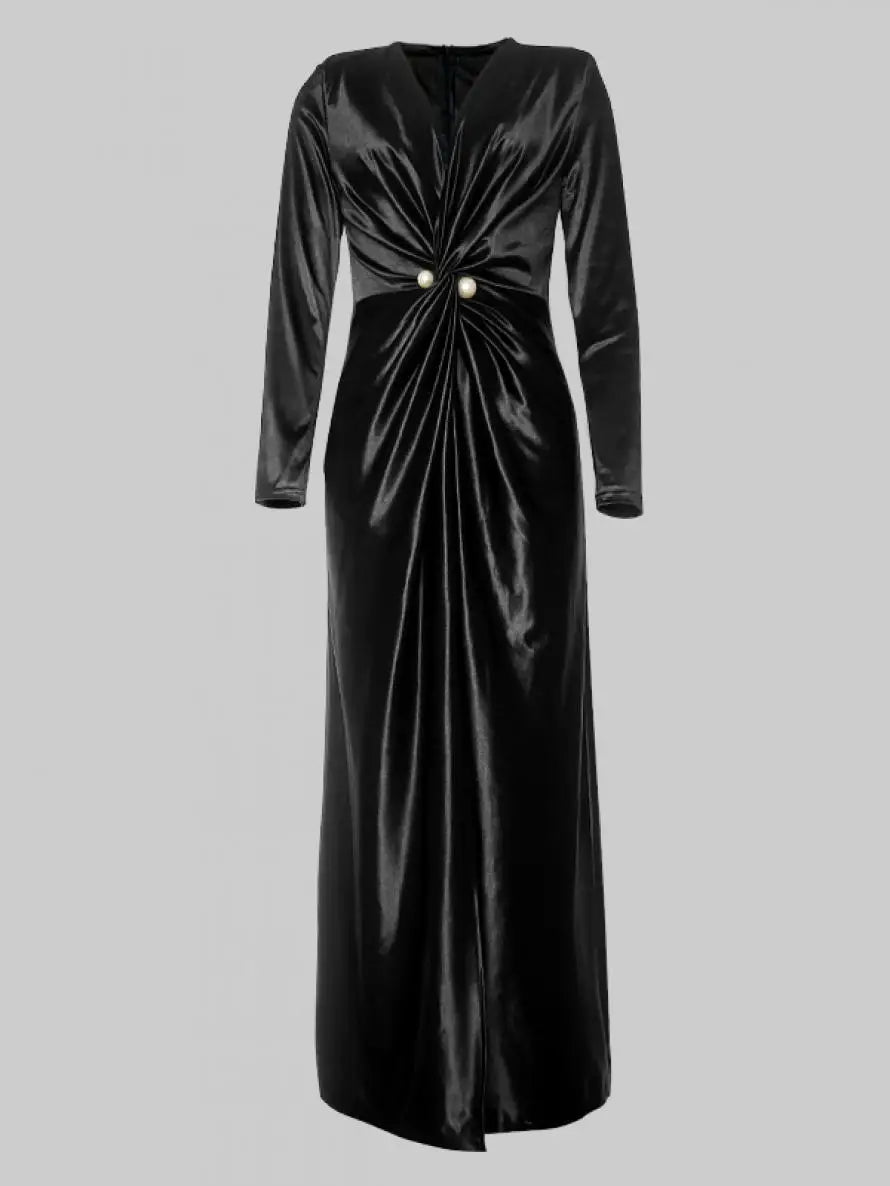 Yeezzi 2024 New Female Tied Waist Deep V-Neck Pleated Prom Banquet Dress Spring Long Sleeves Elegant Party Evening Maxi Dresses