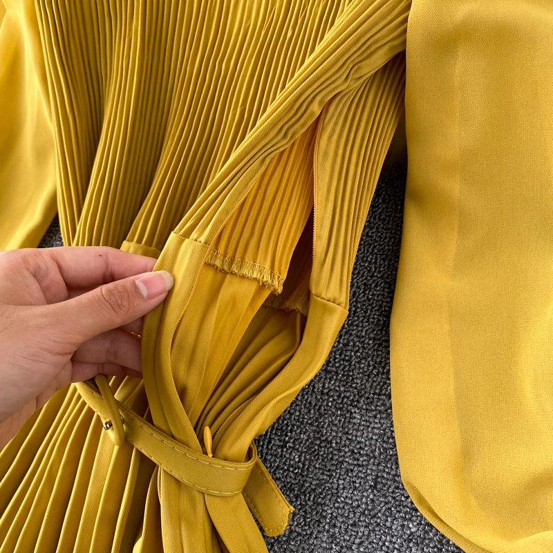 Chic Pleated Elegant Puff Sleeve Dress A-line Chiffon High Waist Belt Beach Vacation Party Dress Women Summer Spring Vestidos