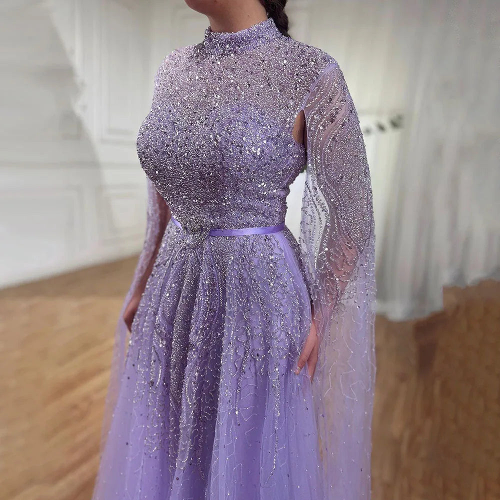 Serene Hill Blue A-Line High-end Beaded Luxury Cape Sleeves Evening Dresses Gowns 2024 For Woman Party Plus Size LA70066B