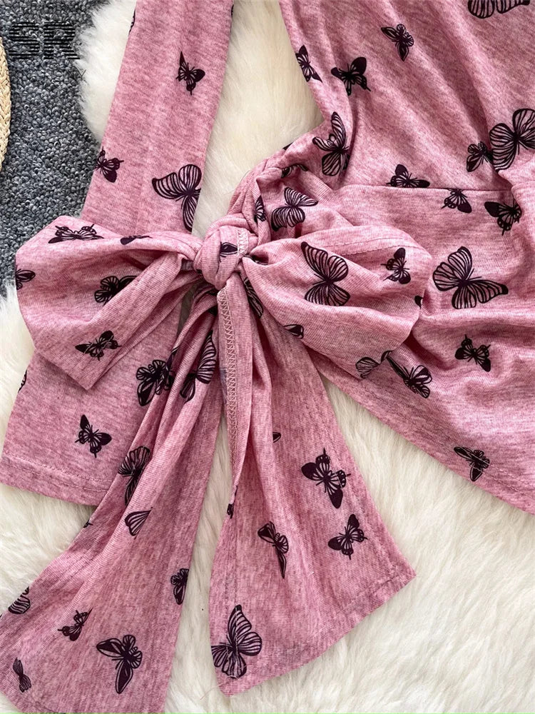 SINGREINY Autumn Butterfly Print Shirt Long Sleeve Bow Design Skew Collar Women Fashion Irregular Lace Up Slim Basics Top