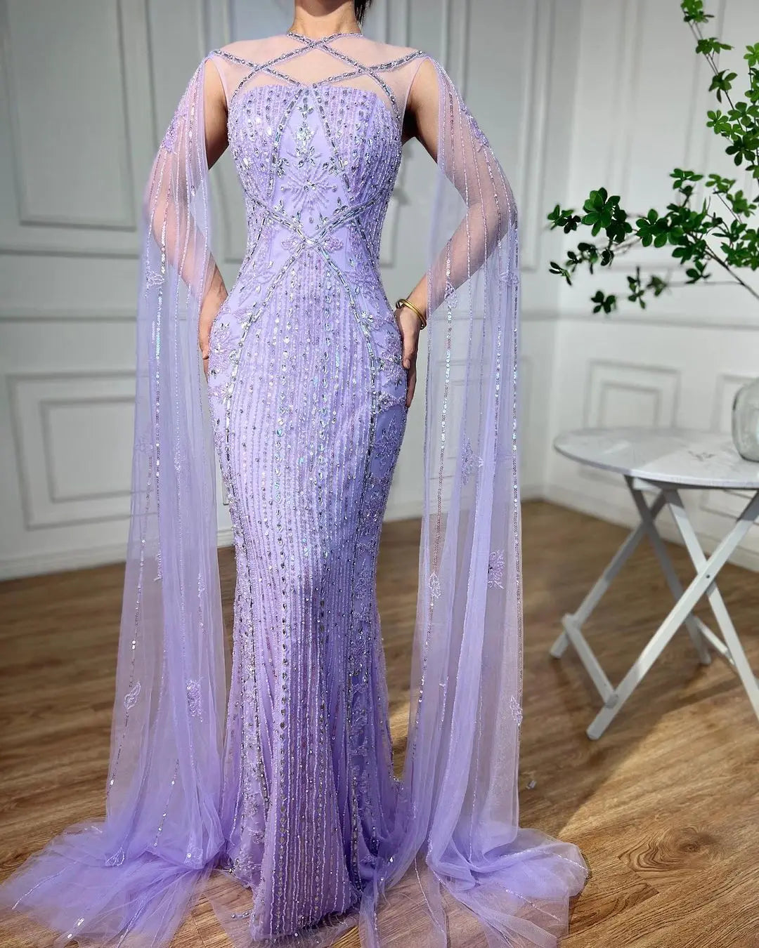 SERENE HILL Arabic Caramel Mermaid Elegant Cape Sleeves Beaded Luxury Evening Dresses 2024 Formal Gown For Women Party GLA71905A