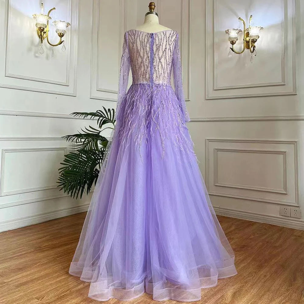 Serene Hill Arabic Red Elegant A Line For Women Long Sleeves Evening Dress Luxury Beaded Handmade Feathers 2024 LA71468