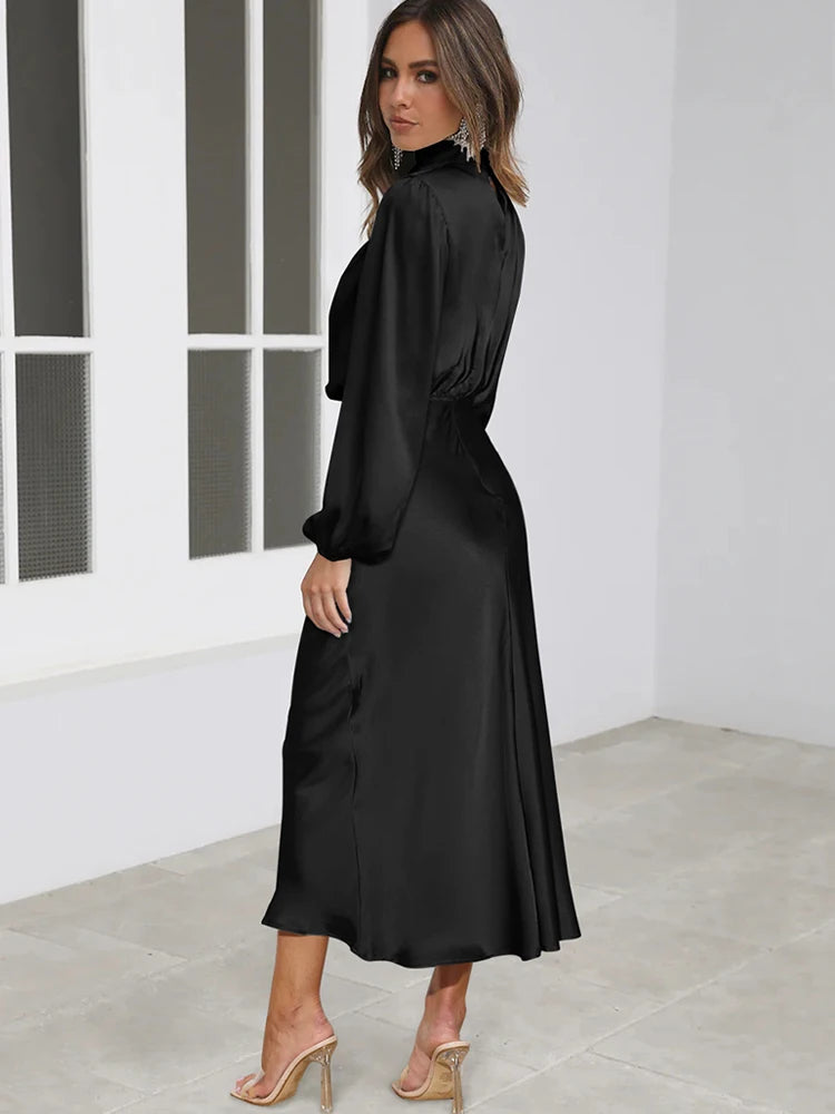 Spring Summer New High-End Satin Long Sleeved Dress Women's Ladylike Elegant Evening Dress Party Clothes Celebrity Dresses
