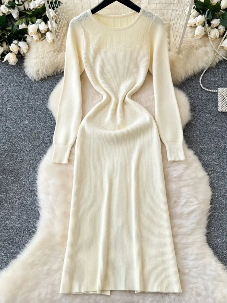 Elegant Solid Knitted Dress for Women Autumn French Vintage O-Neck Long Sleeve Fashion Evening Party Sweater Slim Midi Dresses