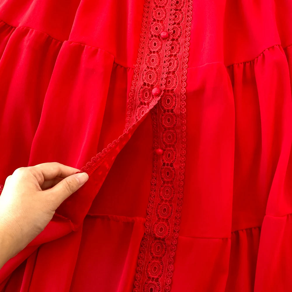 New Women Vintage Party Dress Summer Puff Sleeve Sexy V Neck Lace Single-breasted Long Dresses Ladies A Line Elegant Long Robe