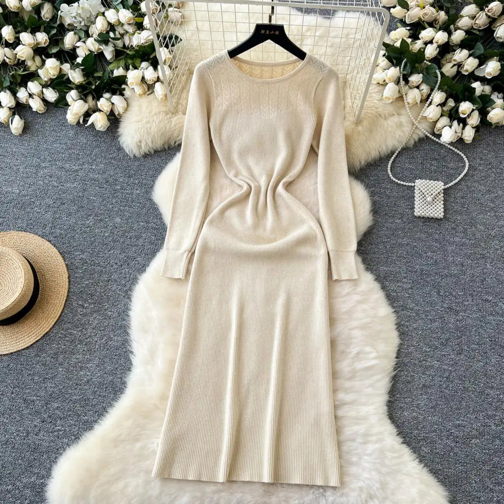Elegant Solid Knitted Dress for Women Autumn French Vintage O-Neck Long Sleeve Fashion Evening Party Sweater Slim Midi Dresses