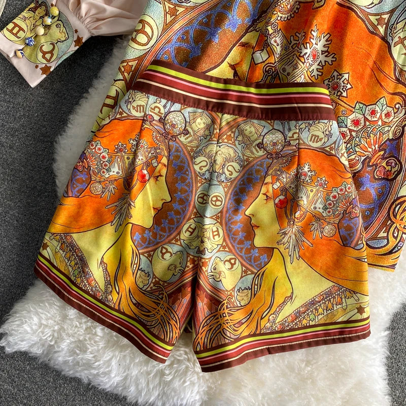 Women Printed Two Piece Set Retro Chic Spring Fragmented Flower Shorts+Long Sleeve Shirt Top Elegant Suits Spring Summer Outfits
