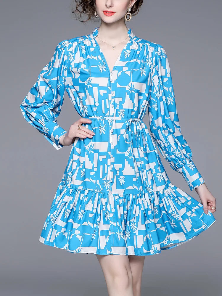 Short Dresses For Women Front Button Up Elegant Geometric Print Dress V Neck Long Sleeve Ruffle Hem Tie Belt Mini Casual Dress