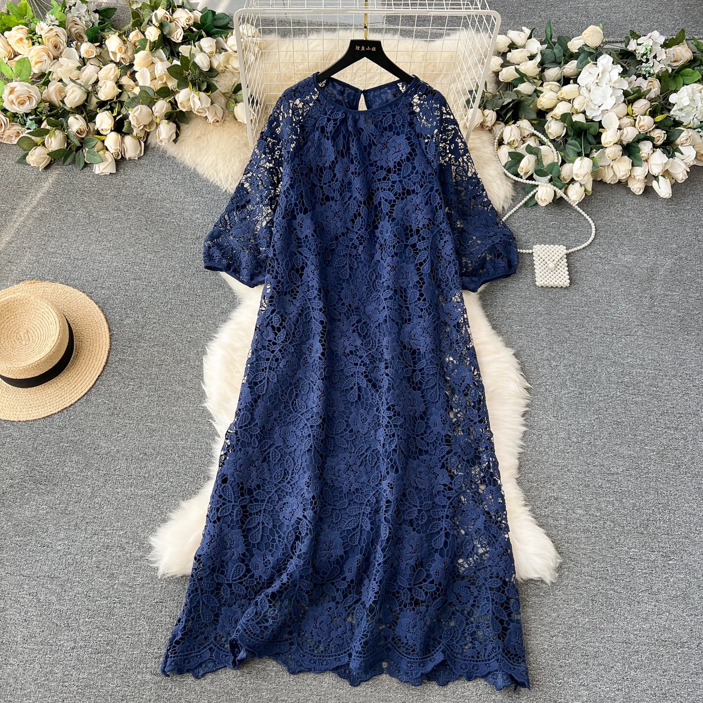 Chic Long Sleeve O Neck Lace Hook Flower Hollow Loose Dress Chiffon A-line Casual Dresses Fashion Women Elegant Vestidos