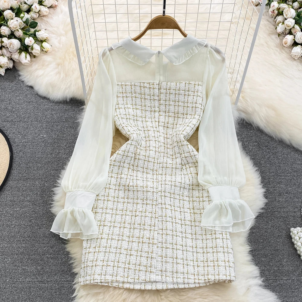 Autumn Fashion New Women Tweed Plaid Mini Dress Elegant Chiffon Patchwork Long Sleeve Dresses Female Casual One Piece Clothes