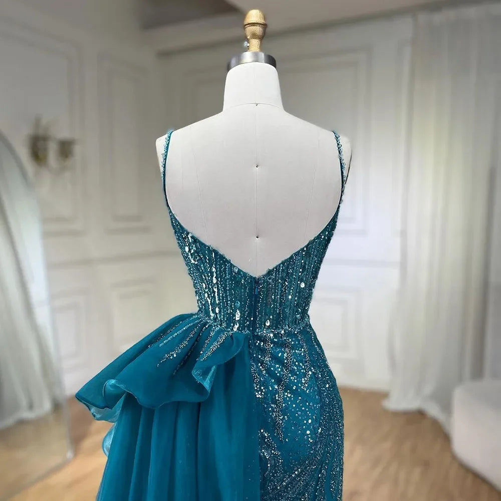 SERENE HILL 2024 Turquoise Spaghetti Strap Luxury Beaded Evening Dresses Mermaid Elegant Overskirt Gown For Women Party GLA72378