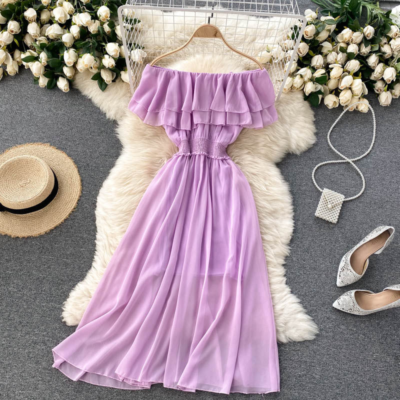 Women Chiffon Beach Dress Sexy Double Layer Ruffled Off The Shoulder Boho Dresses Ladies Sweet Slash Neck Long Dress