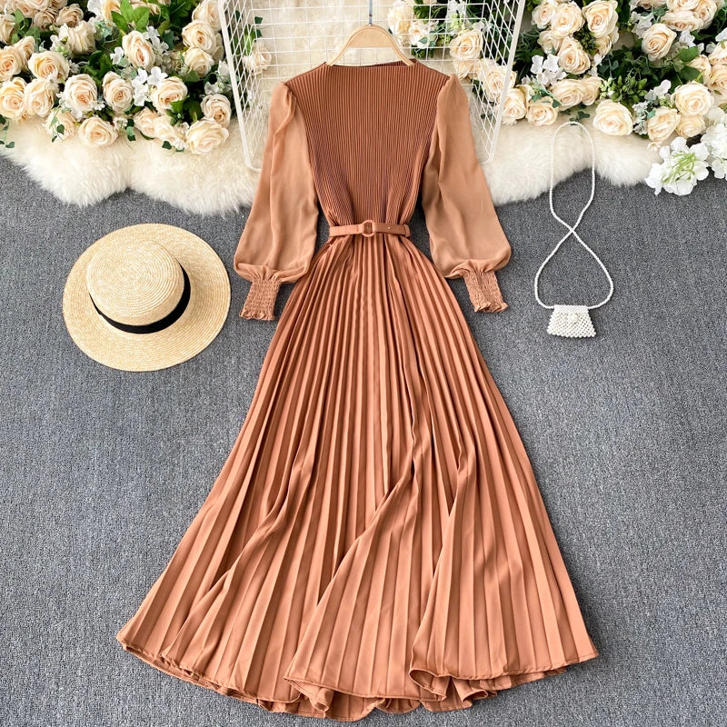 Chic Pleated Elegant Puff Sleeve Dress A-line Chiffon High Waist Belt Beach Vacation Party Dress Women Summer Spring Vestidos