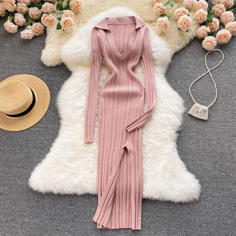 Women Chic Elegant Long Sleeve Split Bodycon Midi Dress Sexy French Fashion Knit Wrap Vestidos Elastic Slim Pencil Sweater Dress
