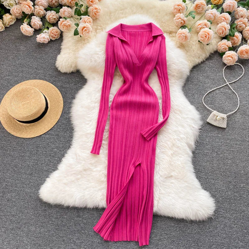 Women Chic Elegant Long Sleeve Split Bodycon Midi Dress Sexy French Fashion Knit Wrap Vestidos Elastic Slim Pencil Sweater Dress