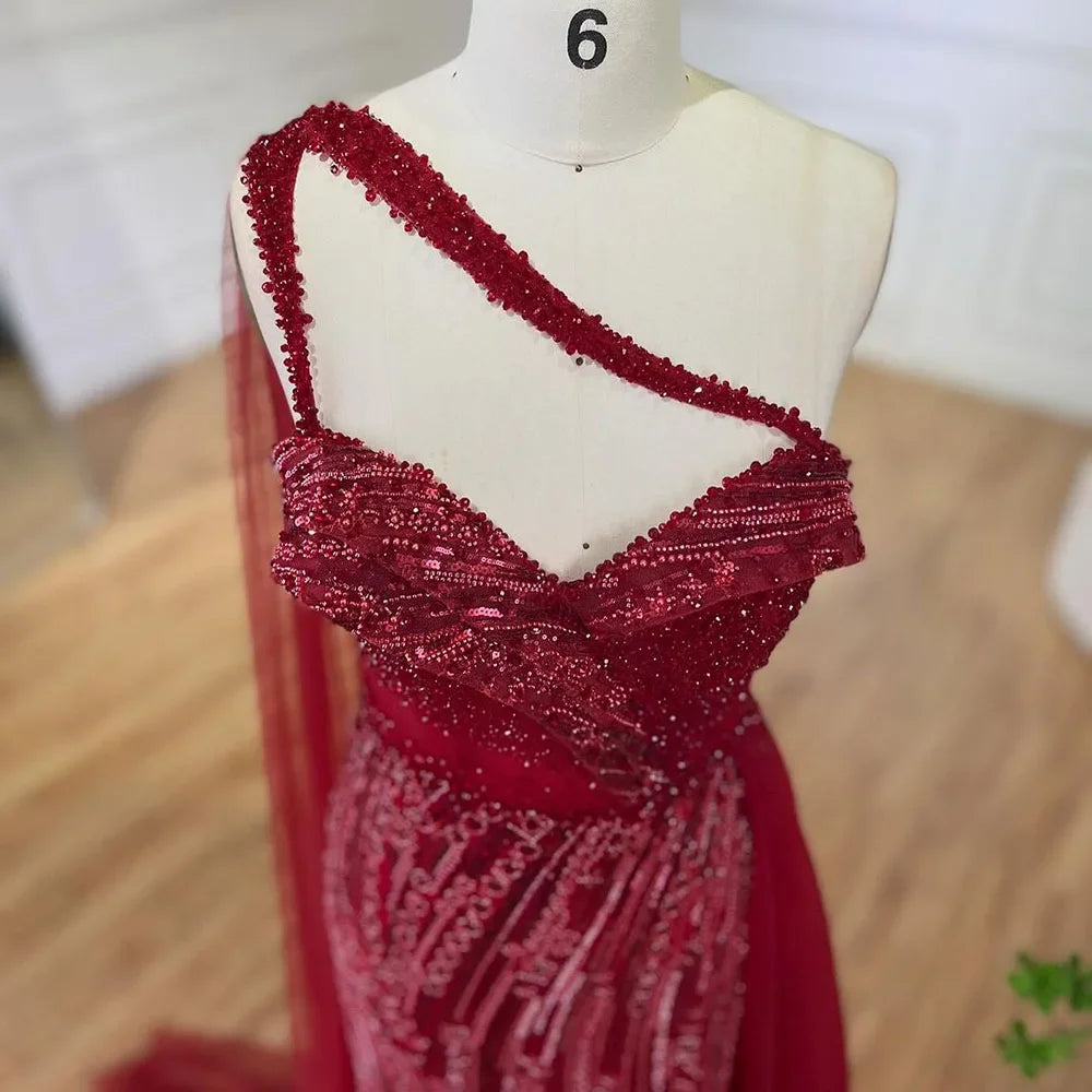SERENE HILL 2024 Green One Shoulder Mermaid Evening Dresses With Cape Sideskirt Luxury Gown For Women Wedding Party GLA72472