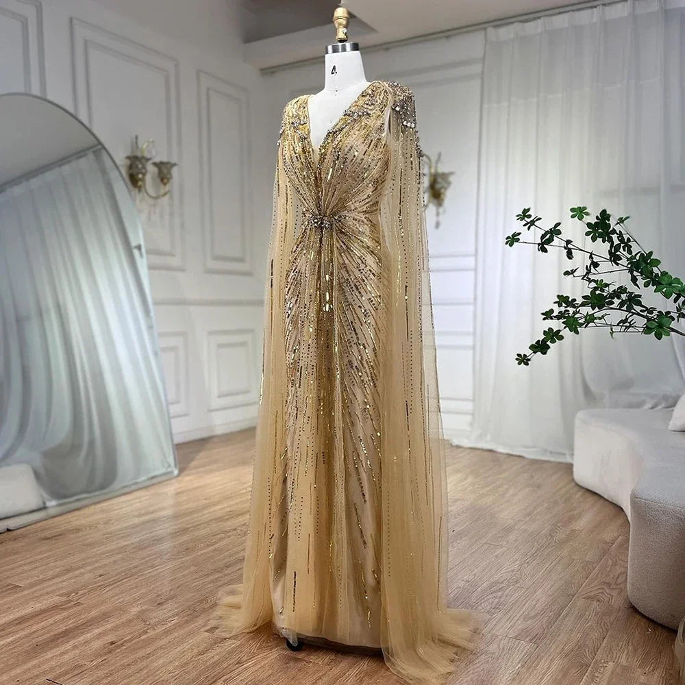 Serene Hill Turquoise Mermaid Evening Dresses Gowns 2024 with Beaded Cape Sleeves Design for Women's Wedding Party BLA72168A