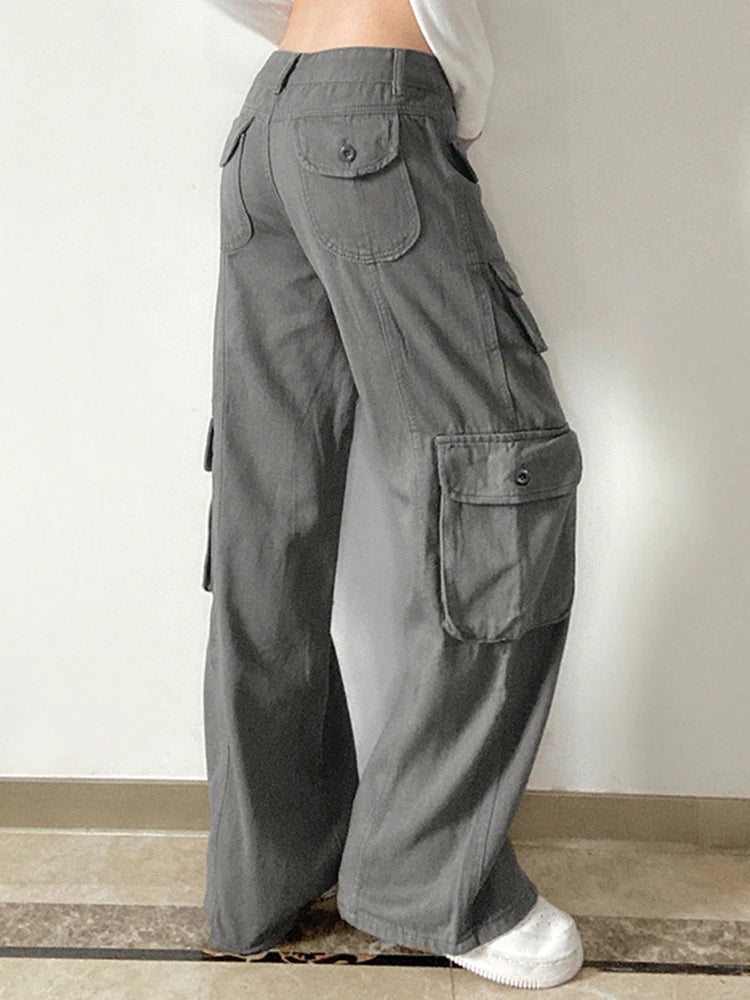 Women's High Waist Cargo Pants with Lace Belt Street Multi Pocket Straight Leg Casual Trousers Spring Autumn New Y2K Vintage