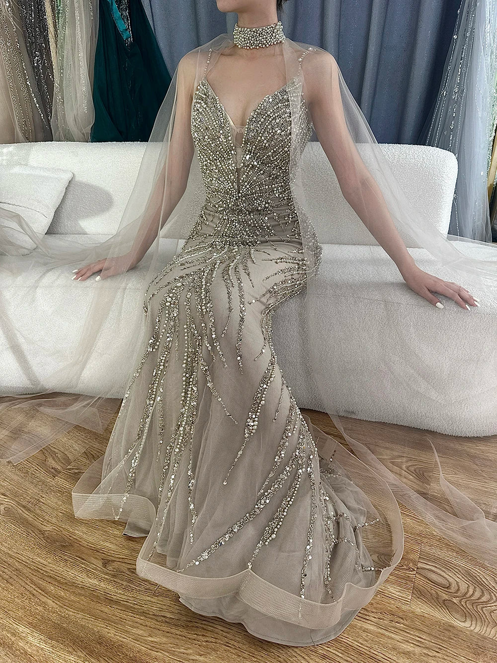 Serene Hill Spaghetti Strap Long Cloak Mermaid Caramel Beaded Luxury Evening Dresses Gowns for Women's Party 2024 LA72768