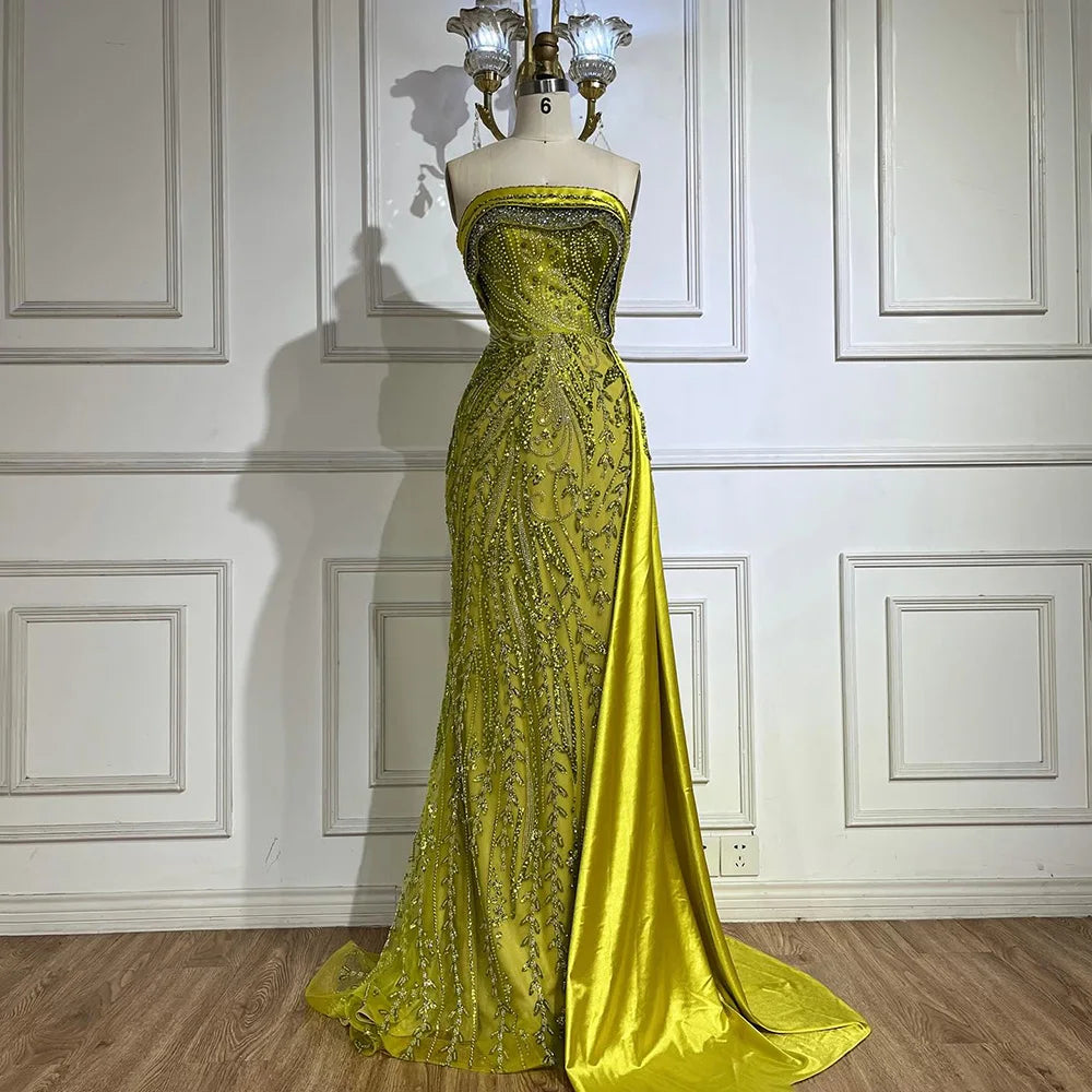 Serene Hill 2024 Arabic Nude Strapless Satin Mermaid Beaded Luxury Dubai Evening Gown with Side Skirt for Women's Party BLA72665