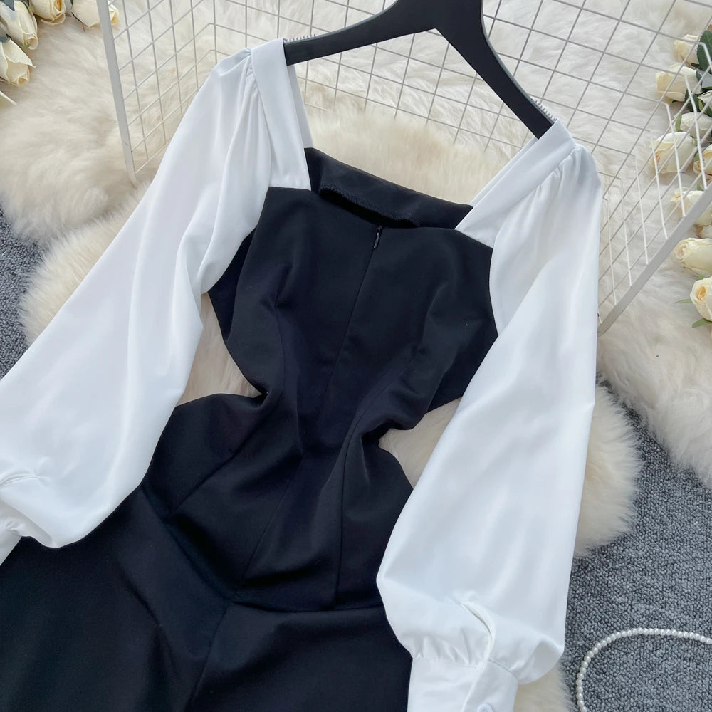 Elegant Pleated Mermaid Dress for Women Autumn Black White Patchwork Evening Party Dresses Autumn Slim Waist Prom Vestidos Robe