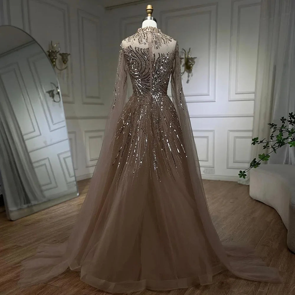 Serene Hill Caramel Luxury Evening Dresses with Cape Sleeves A-Line Beaded Lace Gown For Women's Wedding Party 2024 LA72386